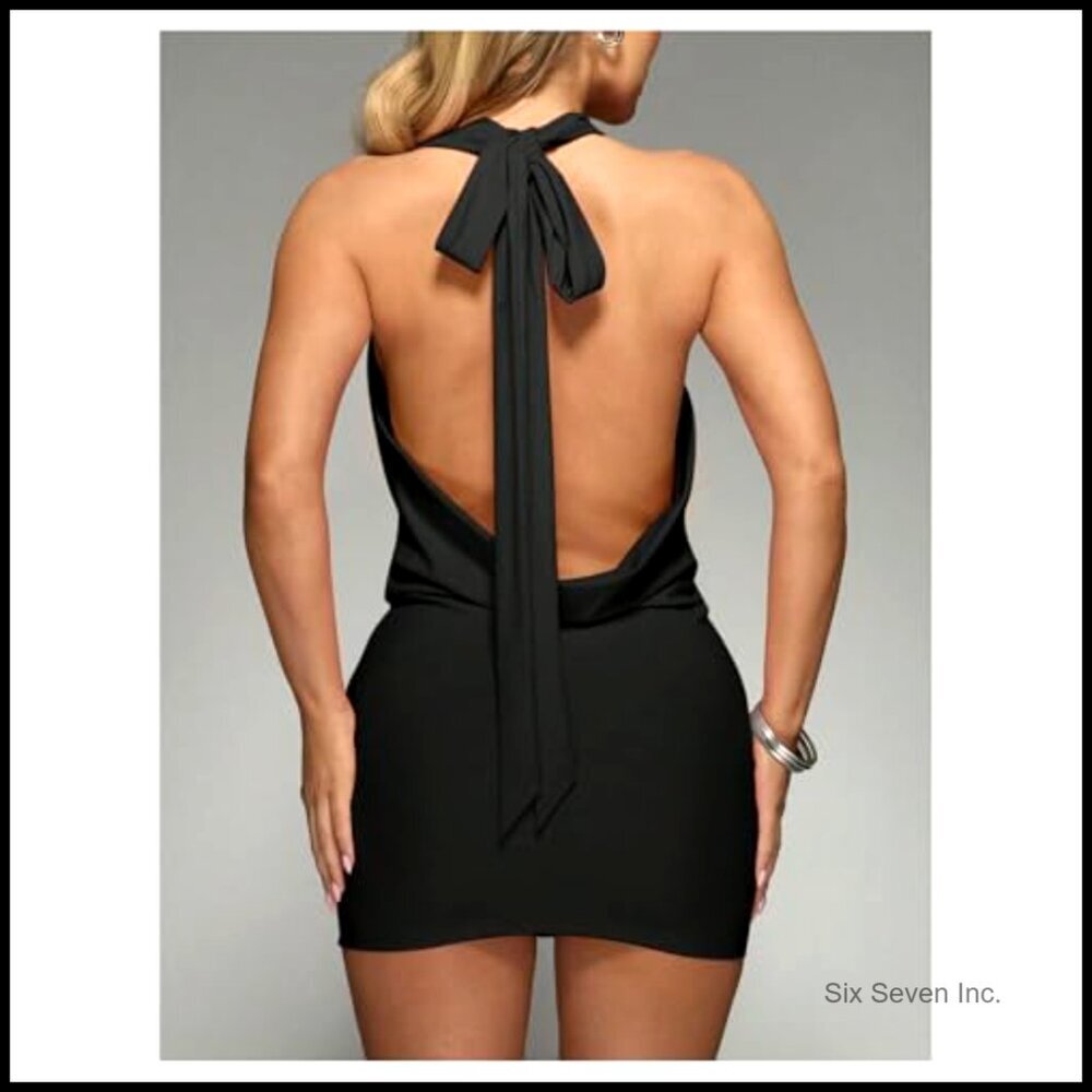 Sexy Deep V Neck Halter Bodycon Mini Dress Club Night Cocktail - Picture 2 of 6